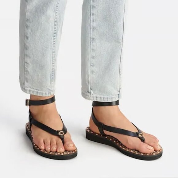 COACH Gracey Black and Brown Leather Thong Sandals w/ Gold Studs, size 9 - Picture 5 of 12